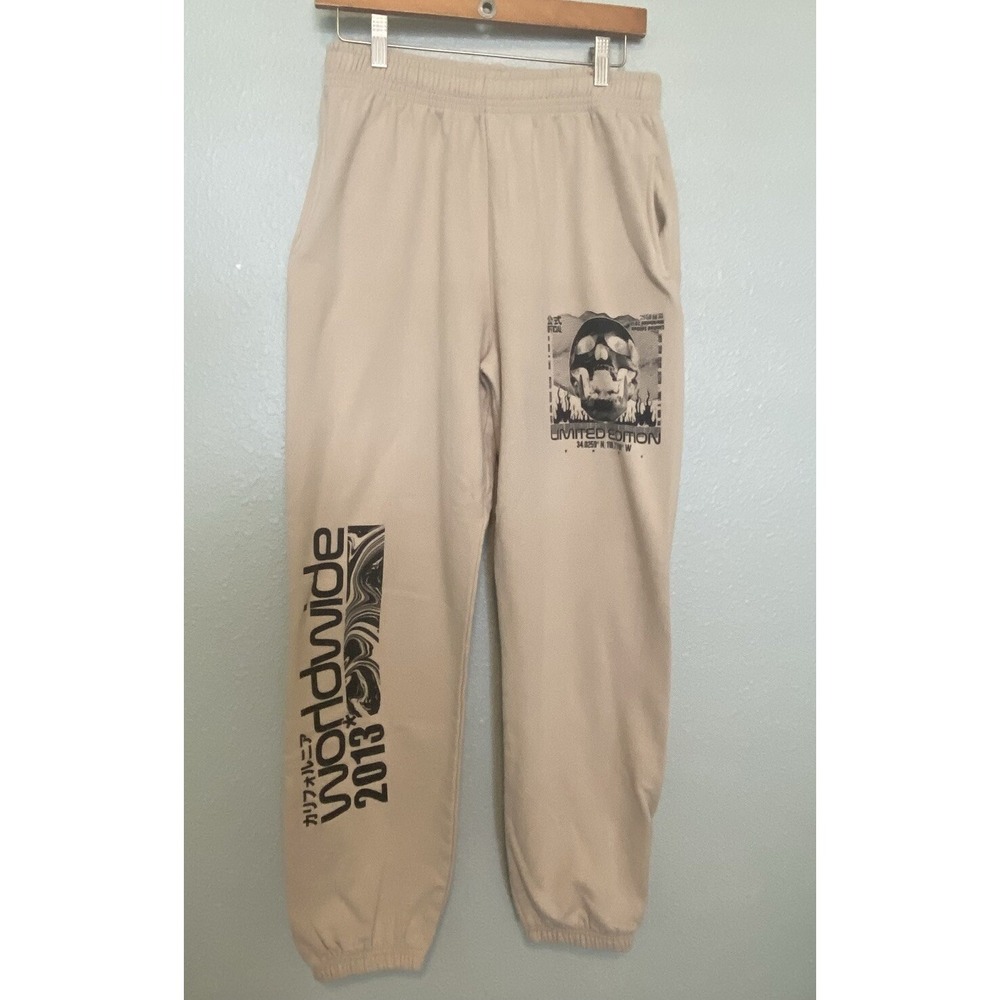 Boohoo Man Skull Sweatpant Medium‎ Tan Regular Fit Chicago Varsity Jogger Rare